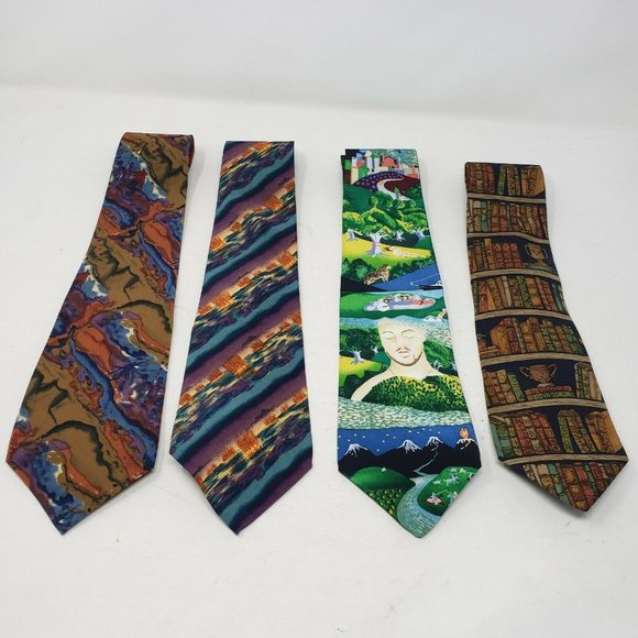Vintage Lot of 4 J.Garcia Billy Joel Silk Neckties Mens 90s USA Books Music Art - Picture 1 of 5